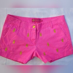 Bright Pink Gold Pineapple Embroidered Women's Shorts Sz Med